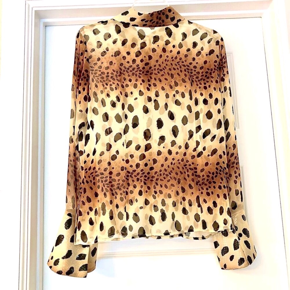 Rare Vintage ROBERTO CAVALLI Sheer Leopard Silk Chiffon Blouse Sequined Trim L - Picture 8 of 8